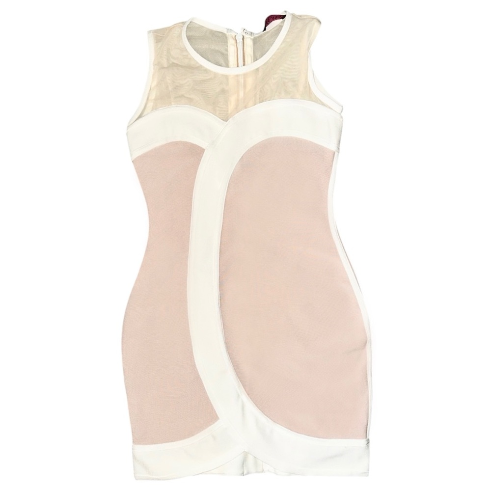 Stretch Cream & Blush Bandage Bodycon Mini Dress Large Sheer Neckline Two Tone